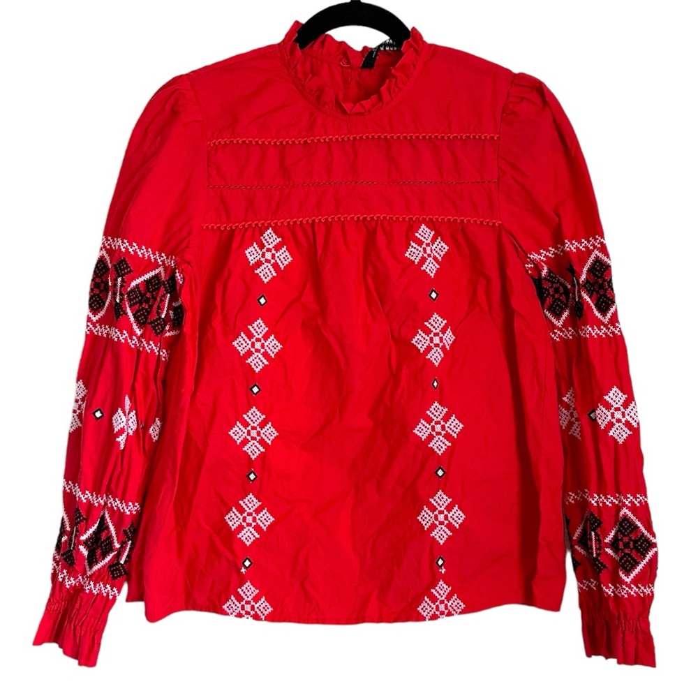 Zara Womens Red Embroidered Boho Blouse Cotton Sz Small - Picture 8 of 8